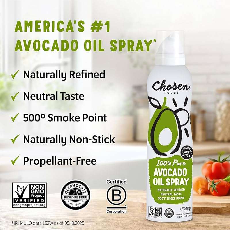 Chosen Foods 100% Pure Avocado Oil Spray 4.7 oz. (6 Pack), Non-GMO, 500° F Smoke Point, Propellant-Free, Air Pressure Only for High-Heat Cooking, Baking and Frying - Image 3