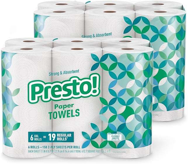 Amazon Brand - Presto! Ultra-Strong Premium Paper Towels, 158 Sheet Huge Roll - Flex-a-Size, 12 Rolls (2 Packs of 6), Equivalent to 38 Regular Rolls, White - Image 1