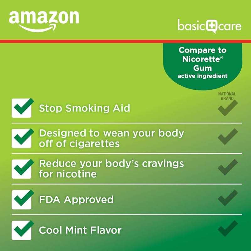 Amazon Basic Care Nicotine Polacrilex Coated Gum, 4 mg, Cool Mint Flavor, Stop Smoking Aid, Quit Smoking, Reduce Withdrawal Symptoms, 20 Count - Image 3