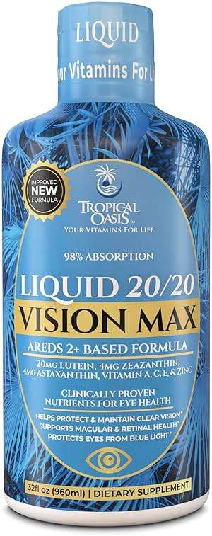 Liquid 20/20 Vision - Eye Vitamin Formula w/20mg Lutein, 4mg Zeaxanthin, 4mg Astaxanthin for Vision Support –Max Absorption- Great Taste & No Pills to Swallow– 32 Serv, 32oz - Image 1