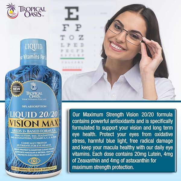 Liquid 20/20 Vision - Eye Vitamin Formula w/20mg Lutein, 4mg Zeaxanthin, 4mg Astaxanthin for Vision Support –Max Absorption- Great Taste & No Pills to Swallow– 32 Serv, 32oz - Image 4