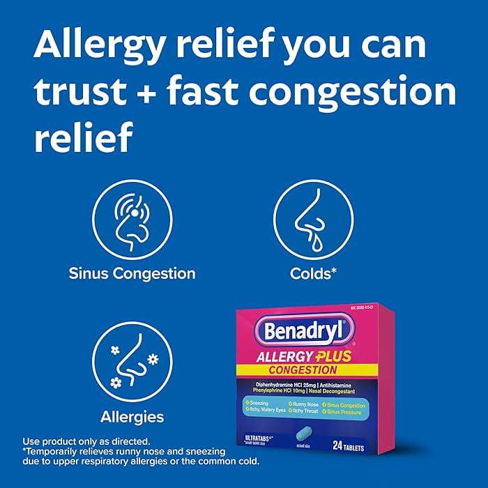 Benadryl Allergy Plus Congestion Ultratabs, Medicine with Diphenhydramine HCl Antihistamine & Phenylephrine HCl Nasal Decongestant, Allergy & Sinus Congestion Relief Tablets, 24 ct - Image 2