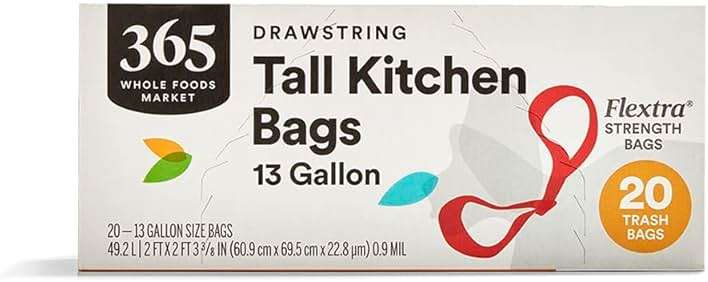365 by Whole Foods Market, Flextra Strength Drawstring Tall Kitchen Trash Bags, 13 Gallon, 20 Count - Image 1