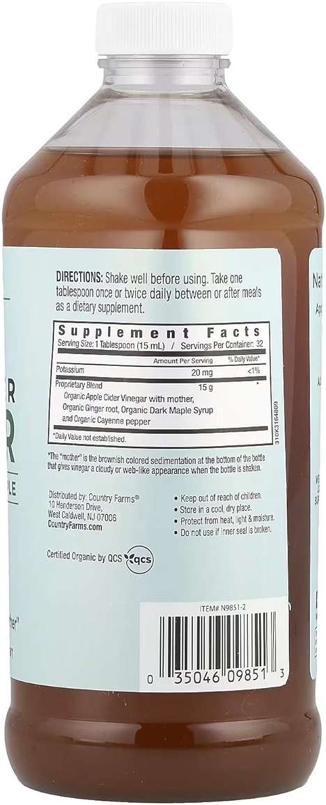 Country Farms Organic Apple Cider Vinegar Tonic, Cleanses and Detoxifies, Helps Balance Fluids, Supports Digestion, With The “Mother”, Ginger Cayenne & Maple, 16 Fl. Oz. - Image 2