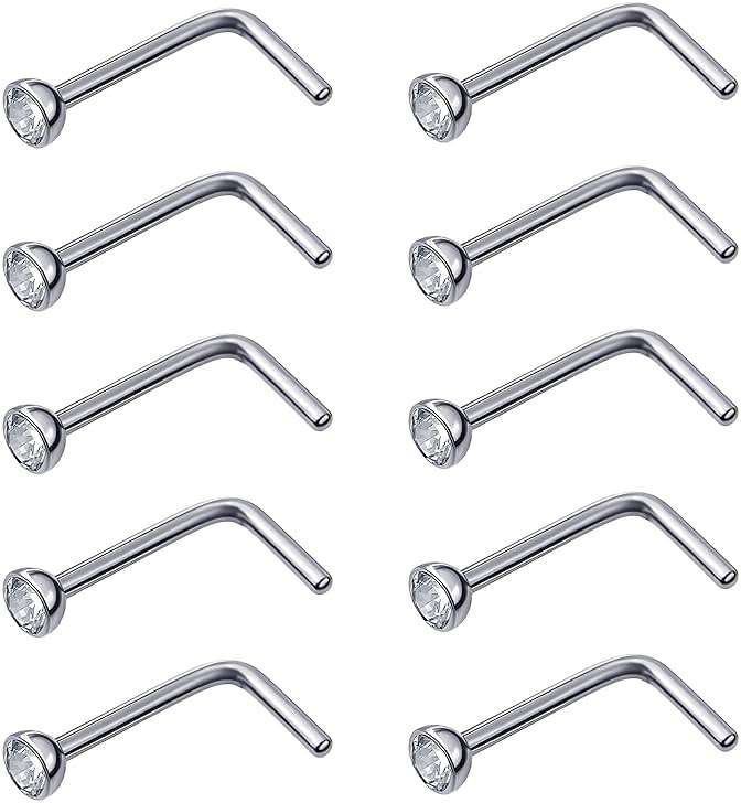 Mudder 20 Pieces Curved Nose Stud Stainless Steel Nose Ring Crystals L Bend Nose Screw Piercing, 20 Gauge - Image 1