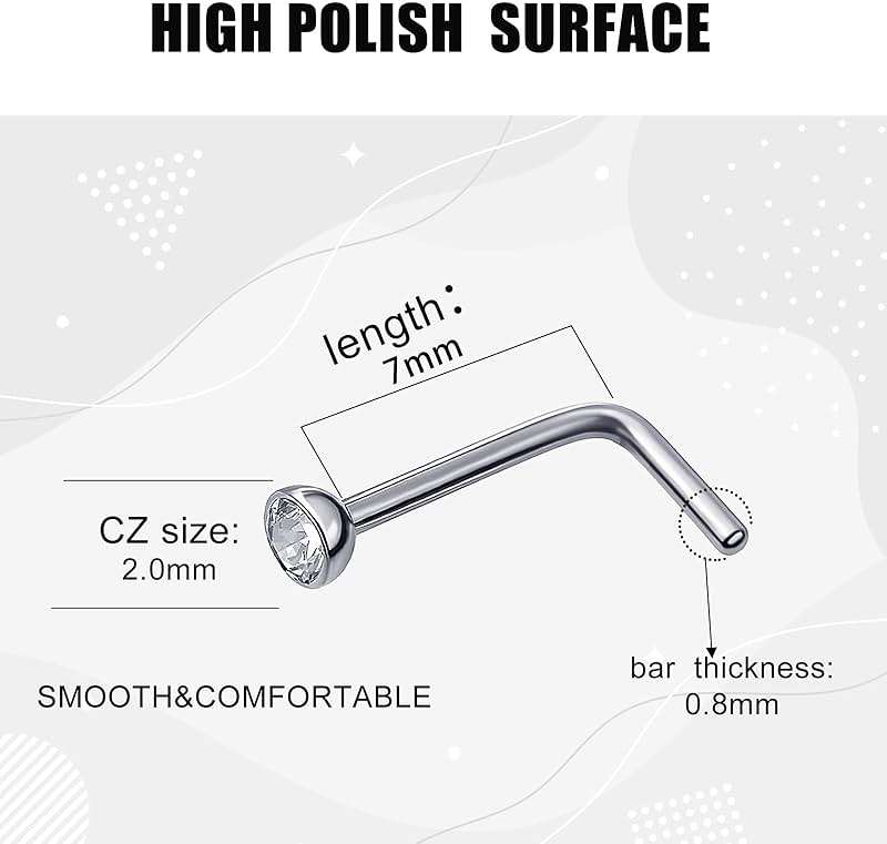 Mudder 20 Pieces Curved Nose Stud Stainless Steel Nose Ring Crystals L Bend Nose Screw Piercing, 20 Gauge - Image 2