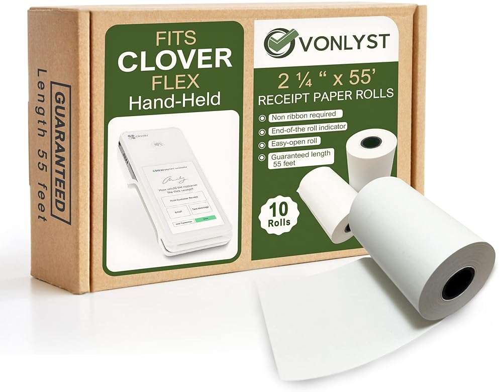 Vonlyst Clover Flex Paper Rolls 2 1/4" x 55’ Thermal Receipt Paper – 10 Rolls Pack - BPA Free POS Printer & Credit Card Machine Compatible C400 C401 C403 C405 C406 - Image 1