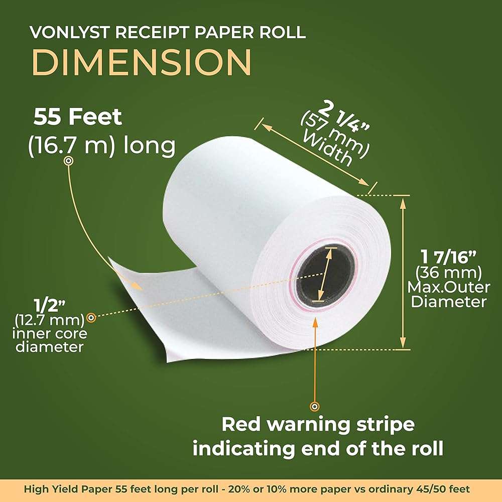 Vonlyst Clover Flex Paper Rolls 2 1/4" x 55’ Thermal Receipt Paper – 10 Rolls Pack - BPA Free POS Printer & Credit Card Machine Compatible C400 C401 C403 C405 C406 - Image 2