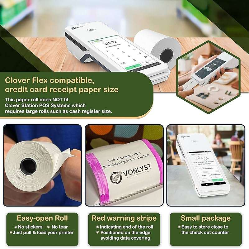 Vonlyst Clover Flex Paper Rolls 2 1/4" x 55’ Thermal Receipt Paper – 10 Rolls Pack - BPA Free POS Printer & Credit Card Machine Compatible C400 C401 C403 C405 C406 - Image 3