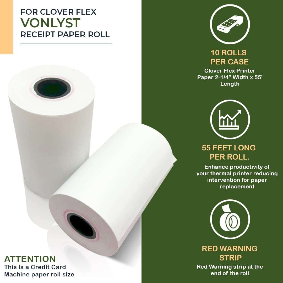 Vonlyst Clover Flex Paper Rolls 2 1/4" x 55’ Thermal Receipt Paper – 10 Rolls Pack - BPA Free POS Printer & Credit Card Machine Compatible C400 C401 C403 C405 C406 - Image 4