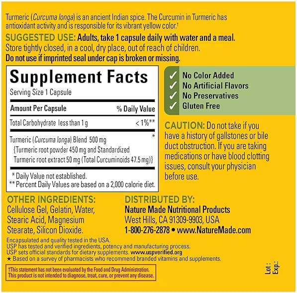 Nature Made Turmeric Curcumin 500 mg, Turmeric Curcumin Supplement for Antioxidant Support, Herbal Supplements, 120 Capsules, 120 Day Supply - Image 6