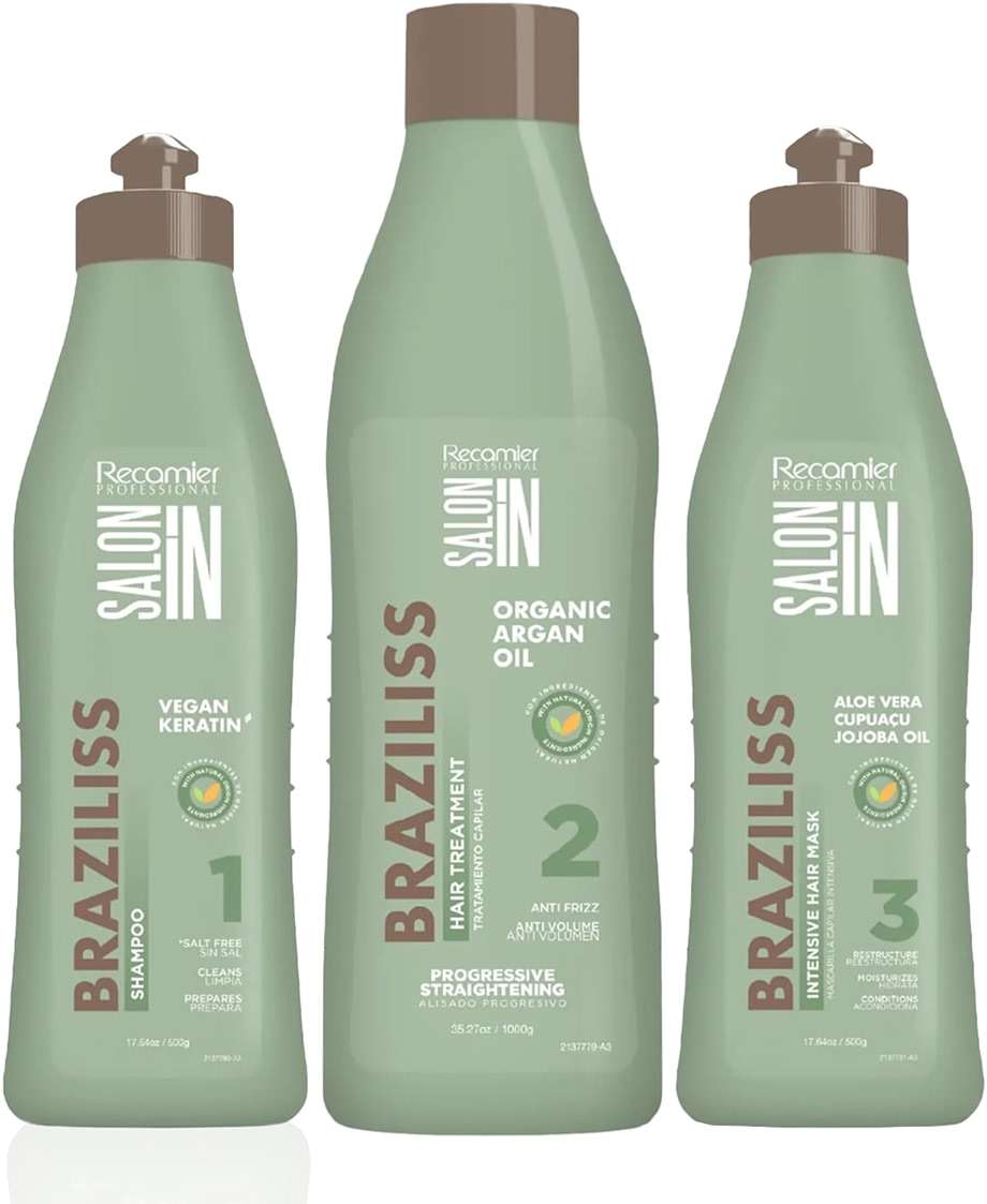 Salon In by Recamier | Braziliss 3 Steps Bundle - Clarifying Shampoo, Keratin Hair Treatment & Intensive Hair Mask | Progressive Smoothing and Anti-Frizz System (35.27 fl oz / 1000 g) - Image 1