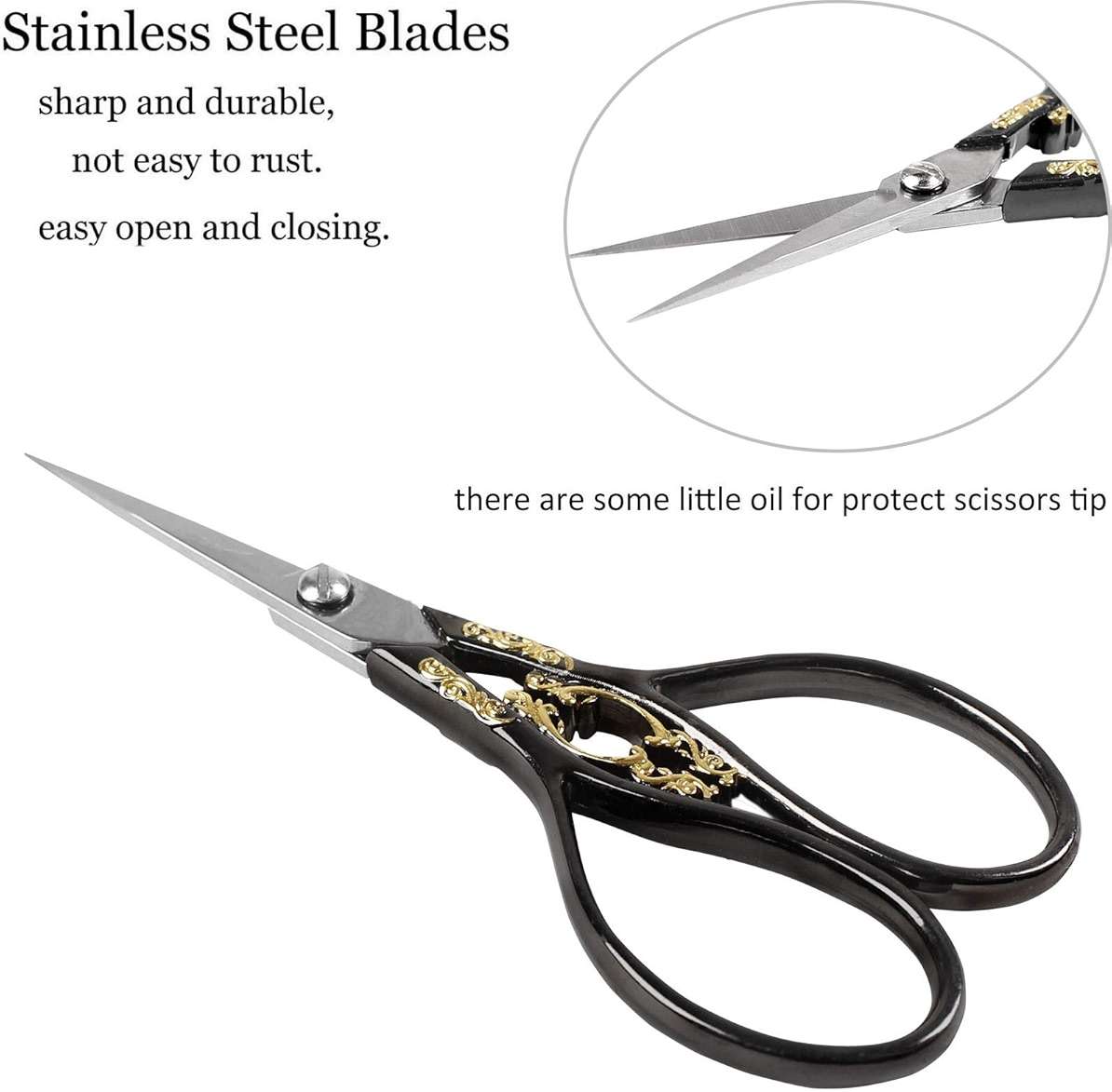 BIHRTC 4.33 Inches Vintage European Style Stainless Steel Auspicious Clouds Scissors for Needlework, Embroidery, Sewing, Craft, Art Work & Everyday Use (Black) - Image 4