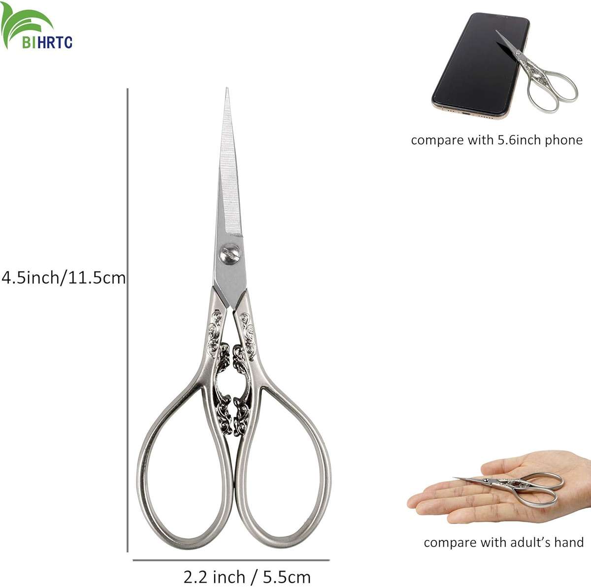 BIHRTC 4.33 Inches Vintage European Style Stainless Steel Auspicious Clouds Scissors for Needlework, Embroidery, Sewing, Craft, Art Work & Everyday Use (Light Grey) - Image 3