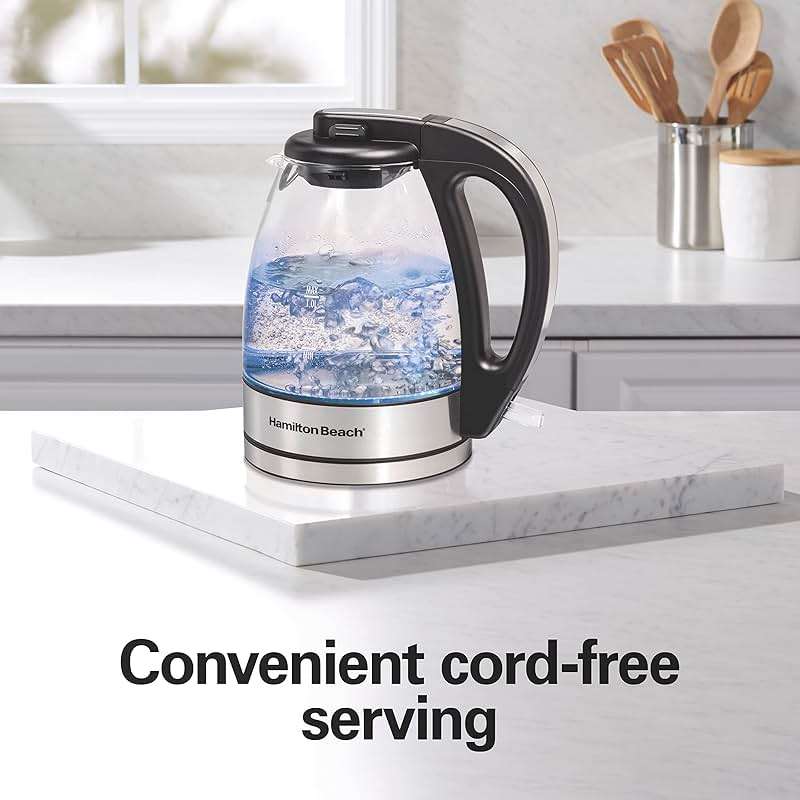 Hamilton Beach Glass Electric Tea Kettle, Water Boiler & Heater, 1 Liter, 1500 Watts for Fast Boiling, BPA Free, Cordless Serving, Auto-Shutoff & Boil-Dry Protection, Soft Blue LED (40930) - Image 7
