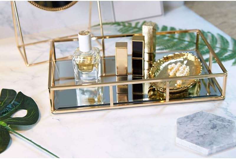PuTwo Tray Mirror, Gold Dresser Ornate Tray Metal Decorative Tray Jewelry Perfume Organizer Makeup Tray for Vanity, Dresser, Bathroom, Bedroom | Gold Tray Jewelry Perfume Organizer Makeup Tray for Vanity Dresser Bathroom Bedroom - Image 2