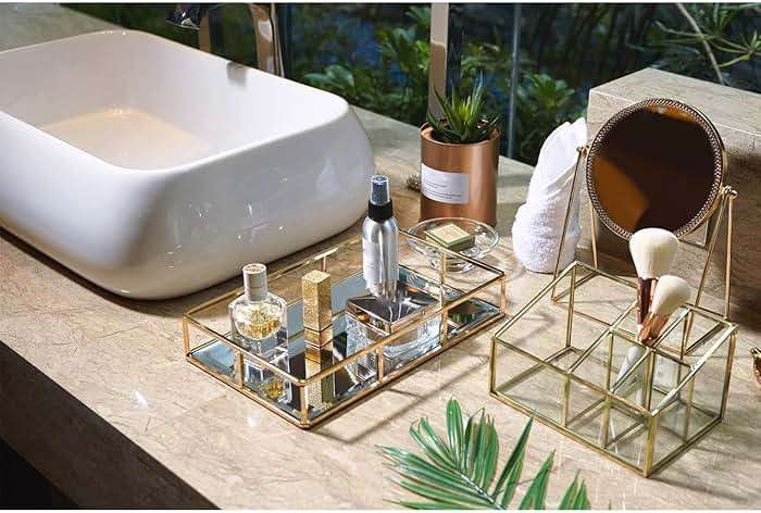PuTwo Tray Mirror, Gold Dresser Ornate Tray Metal Decorative Tray Jewelry Perfume Organizer Makeup Tray for Vanity, Dresser, Bathroom, Bedroom | Gold Tray Jewelry Perfume Organizer Makeup Tray for Vanity Dresser Bathroom Bedroom - Image 4