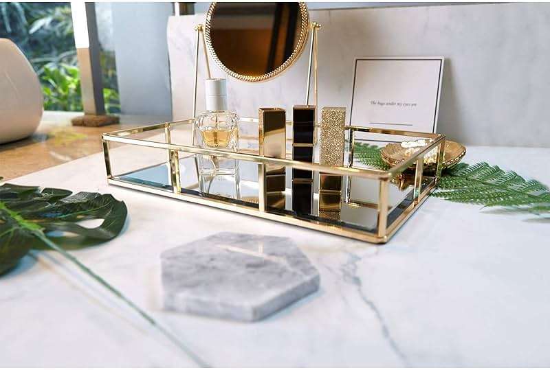 PuTwo Tray Mirror, Gold Dresser Ornate Tray Metal Decorative Tray Jewelry Perfume Organizer Makeup Tray for Vanity, Dresser, Bathroom, Bedroom | Gold Tray Jewelry Perfume Organizer Makeup Tray for Vanity Dresser Bathroom Bedroom - Image 5