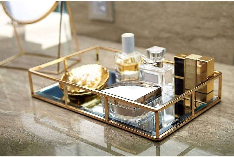 PuTwo Tray Mirror, Gold Dresser Ornate Tray Metal Decorative Tray Jewelry Perfume Organizer Makeup Tray for Vanity, Dresser, Bathroom, Bedroom | Gold Tray Jewelry Perfume Organizer Makeup Tray for Vanity Dresser Bathroom Bedroom - Image 7