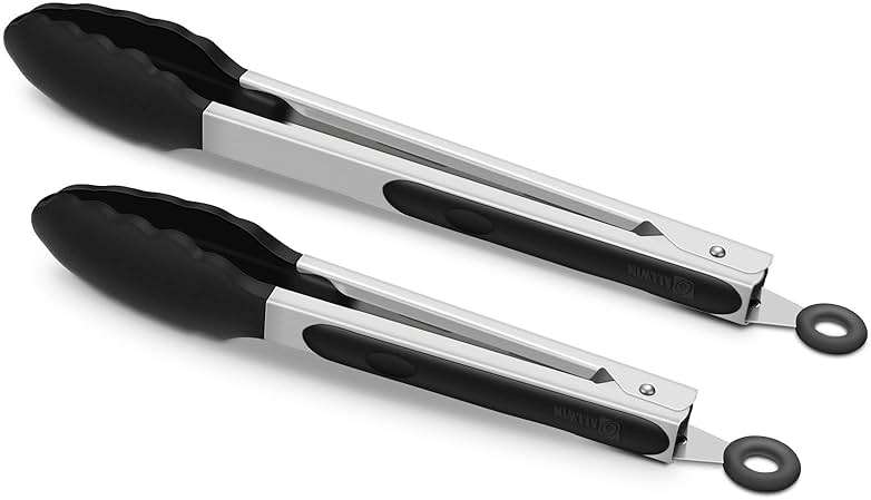 2 Pack Black Kitchen Tongs, Premium Silicone BPA Free Non-Stick Stainless Steel BBQ Cooking Grilling Locking Food Tongs, 9-Inch & 12-Inch - Image 1