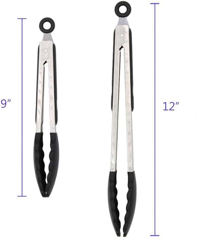 2 Pack Black Kitchen Tongs, Premium Silicone BPA Free Non-Stick Stainless Steel BBQ Cooking Grilling Locking Food Tongs, 9-Inch & 12-Inch - Image 3