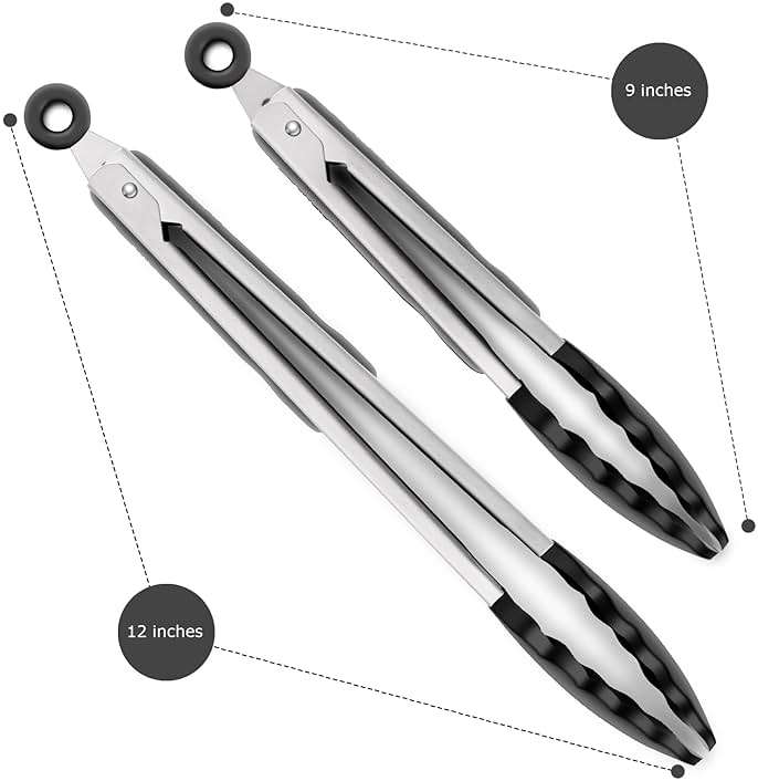 2 Pack Black Kitchen Tongs, Premium Silicone BPA Free Non-Stick Stainless Steel BBQ Cooking Grilling Locking Food Tongs, 9-Inch & 12-Inch - Image 6