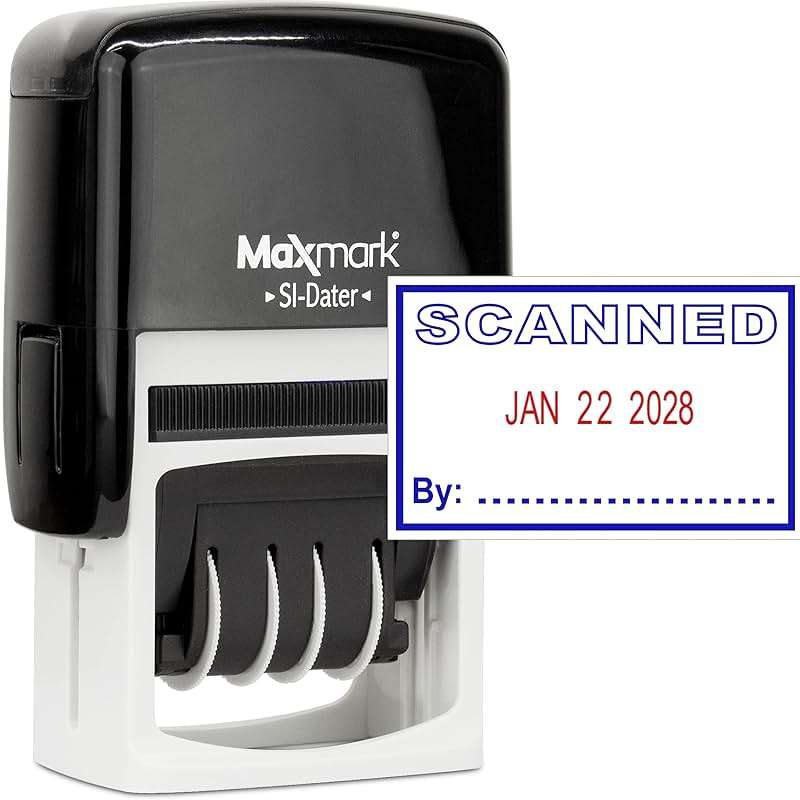 MaxMark Office Self Inking Date Stamp with Phrase Scanned - 2 Color Blue/Red Ink - Image 1