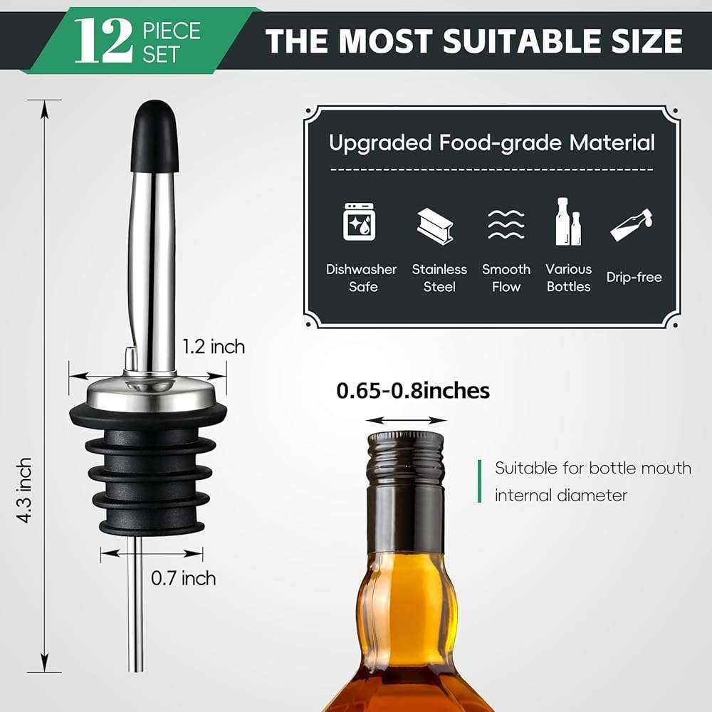AOZITA 12 Pack Classic Bottle Pourers, Stainless Steel Liquor Pour Spouts Tapered Spout - Liquor Pourers with Rubber Dust Caps for Alcohol, Olive Oil,Bar Bartender Accessories - Image 3