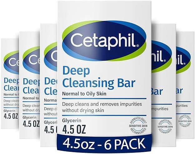 Cetaphil Bar Soap, Deep Cleansing Face and Body Bar, Pack of 6, For Dry to Normal, Sensitive Skin, Soap Free, Hypoallergenic, Paraben Free, Fragrance Free, Removes Makeup, Dirt and Oil - Image 1