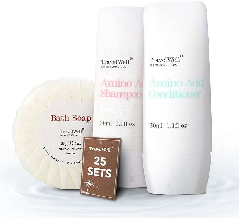 Travel Well Mini Shampoo & Conditioner Set - Amino Acid Travel Shampoo & Conditioner - Paraben-Free Mini Soap Bars Guest Bathroom Toiletries - 25 Bottles (1.01 Fl Oz) & 25 Bars (28 g) - Image 1