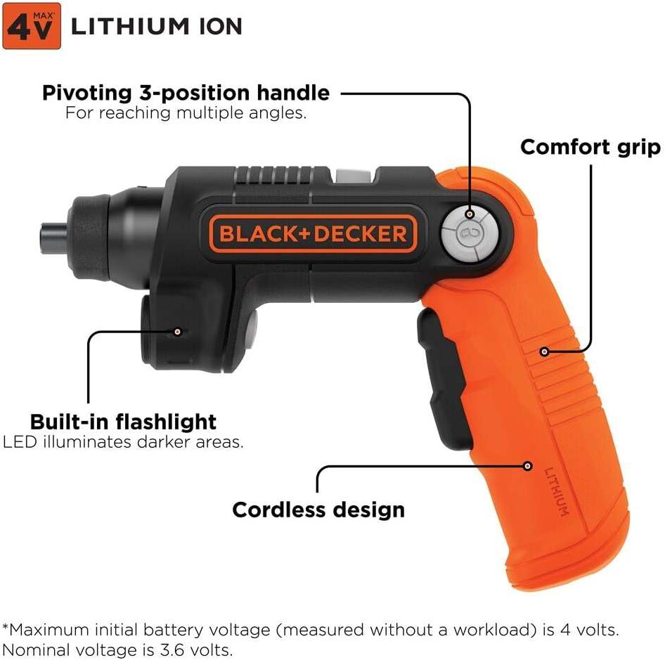 BLACK+DECKER Cordless Screwdriver with LED Light 4V MAX, Electric Screwdriver with 2 Pcs Bit Set (BDCSFL20C) - Image 6