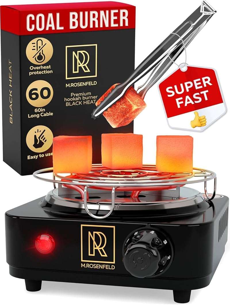 M. ROSENFELD Hookah Coal Burner 500W with Grid - Coal Burner for Hooka Cubes Black Heat Hookah Charcoal Burner Electric for Shisha with Grill & Free Hooka Tongs Hooka Stove - 304 Stainless Steel - Image 1