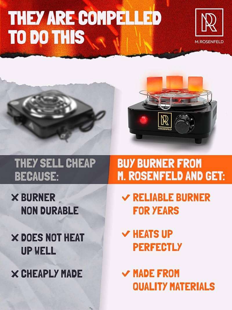 M. ROSENFELD Hookah Coal Burner 500W with Grid - Coal Burner for Hooka Cubes Black Heat Hookah Charcoal Burner Electric for Shisha with Grill & Free Hooka Tongs Hooka Stove - 304 Stainless Steel - Image 3