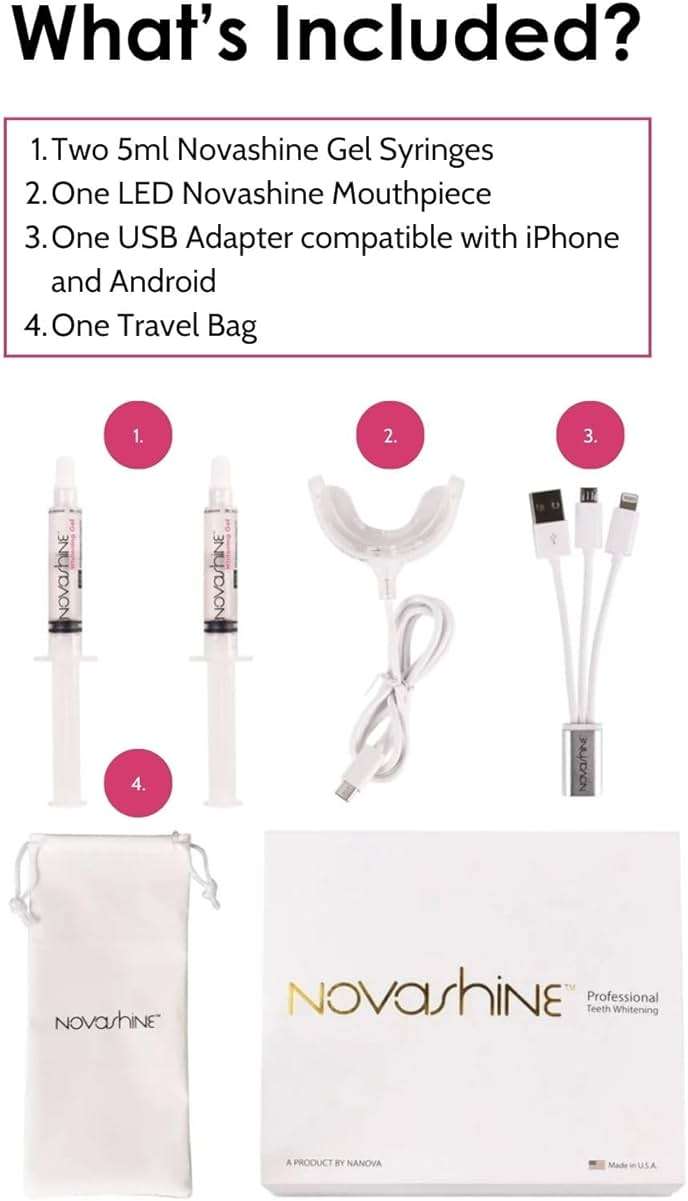 Novashine Professional Teeth Whitening Kit: Advanced Blue LED Light, Concentrated Peroxide Gel, Smartphone Adapter, Travel Bag - Image 3