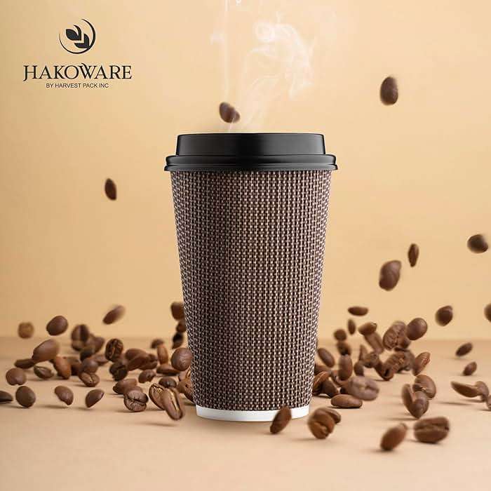 [85 SET]Harvest Pack 16 oz Disposable Coffee Cups, Insulated Ripple Double-Walled Paper Cups with Lids, Brown Geometric, Hot Paper Cups for Tea Chocolate Party Drinks To go coffee cups - Image 2