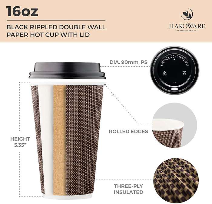 [85 SET]Harvest Pack 16 oz Disposable Coffee Cups, Insulated Ripple Double-Walled Paper Cups with Lids, Brown Geometric, Hot Paper Cups for Tea Chocolate Party Drinks To go coffee cups - Image 4