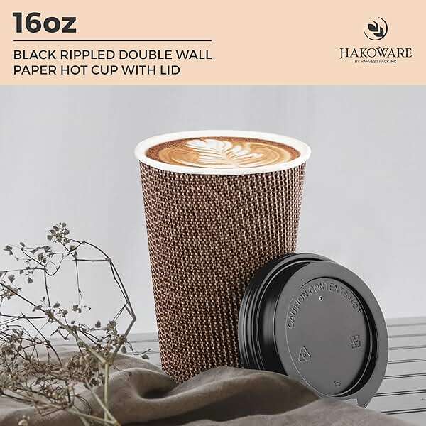 [85 SET]Harvest Pack 16 oz Disposable Coffee Cups, Insulated Ripple Double-Walled Paper Cups with Lids, Brown Geometric, Hot Paper Cups for Tea Chocolate Party Drinks To go coffee cups - Image 5