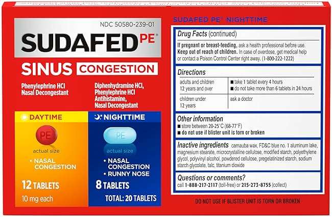 Sudafed PE Sinus Congestion Day + Night Maximum Strength Decongestant & Antihistamine Tablets with Phenylephrine HCl & Diphenhydramine HCl, Helps Nasal & Sinus Pressure & Congestion, 20 ct - Image 4