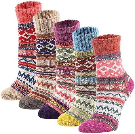 YZKKE 5Pack Womens Vintage Winter Soft Warm Thick Cold Knit Wool Crew Socks, Multicolor, free size - Image 1