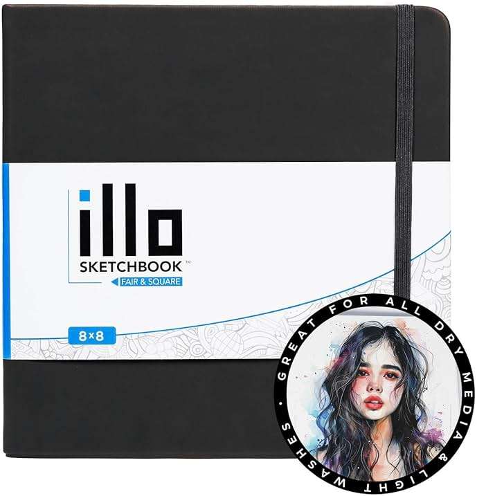 illo Sketchbook 8’’ x 8’’ Square Hardcover Sketch Book, (112lb/180gsm) Heavyweight Paper, Ribbon Marker, Back Pocket, Lays Flat, Minimal Bleed, Vegan, for Artists & Beginners - Image 1