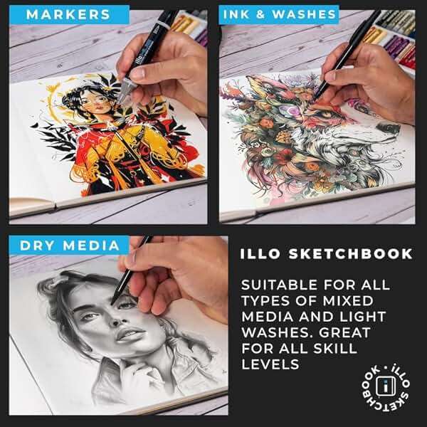 illo Sketchbook 8’’ x 8’’ Square Hardcover Sketch Book, (112lb/180gsm) Heavyweight Paper, Ribbon Marker, Back Pocket, Lays Flat, Minimal Bleed, Vegan, for Artists & Beginners - Image 2