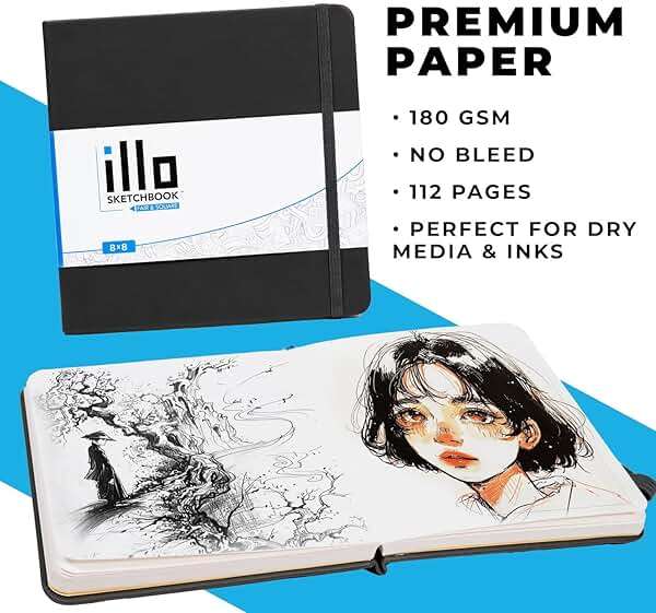 illo Sketchbook 8’’ x 8’’ Square Hardcover Sketch Book, (112lb/180gsm) Heavyweight Paper, Ribbon Marker, Back Pocket, Lays Flat, Minimal Bleed, Vegan, for Artists & Beginners - Image 3