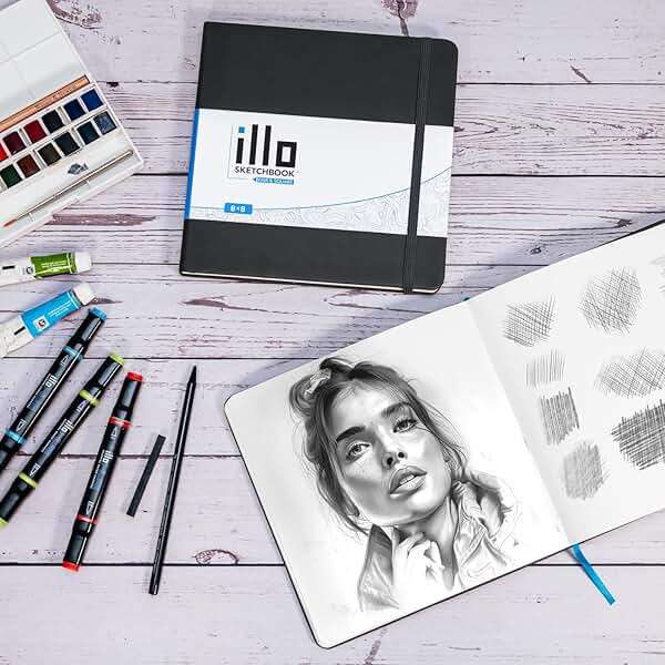 illo Sketchbook 8’’ x 8’’ Square Hardcover Sketch Book, (112lb/180gsm) Heavyweight Paper, Ribbon Marker, Back Pocket, Lays Flat, Minimal Bleed, Vegan, for Artists & Beginners - Image 6