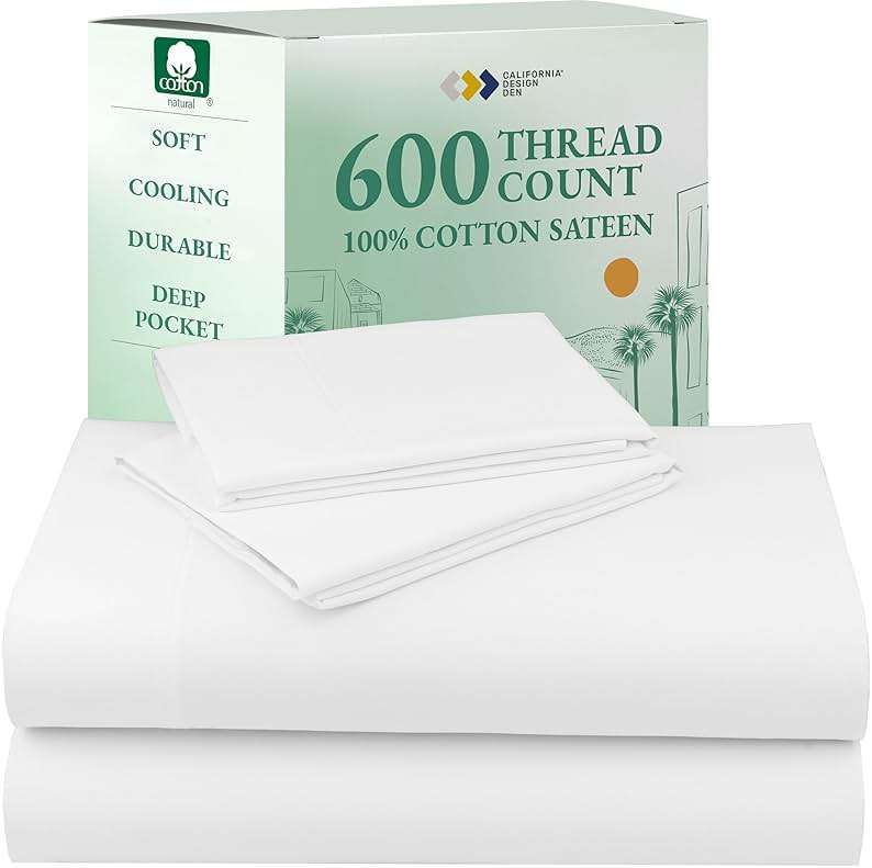 California Design Den Queen Sheet Set - Luxury 600 Thread Count Sateen, 100% Cotton Deep Pocket Queen Sheets with All Around Elastic, Snug Fit, Durable Bedding Set - White - Image 1