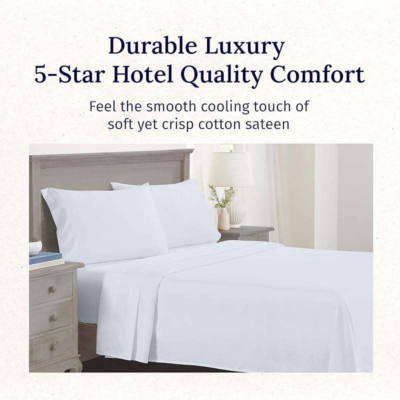 California Design Den Queen Sheet Set - Luxury 600 Thread Count Sateen, 100% Cotton Deep Pocket Queen Sheets with All Around Elastic, Snug Fit, Durable Bedding Set - White - Image 2