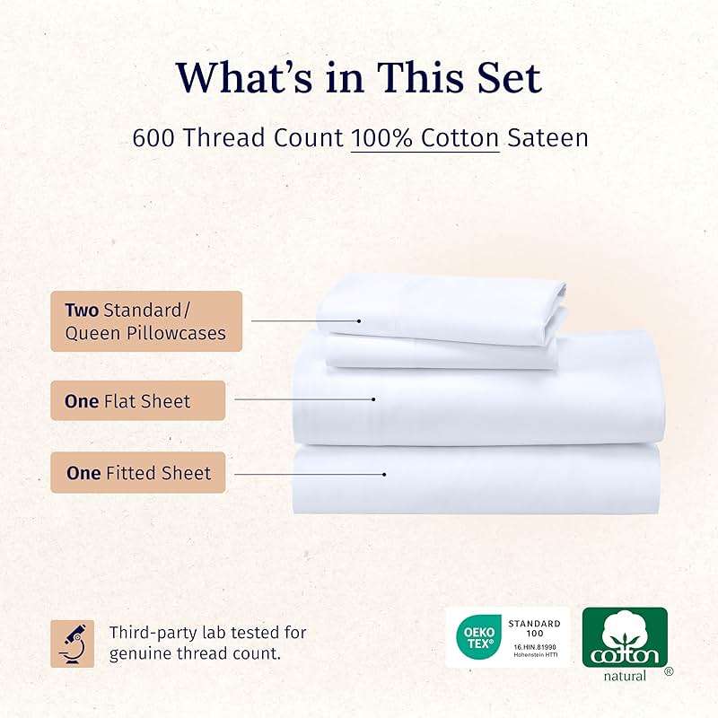 California Design Den Queen Sheet Set - Luxury 600 Thread Count Sateen, 100% Cotton Deep Pocket Queen Sheets with All Around Elastic, Snug Fit, Durable Bedding Set - White - Image 3