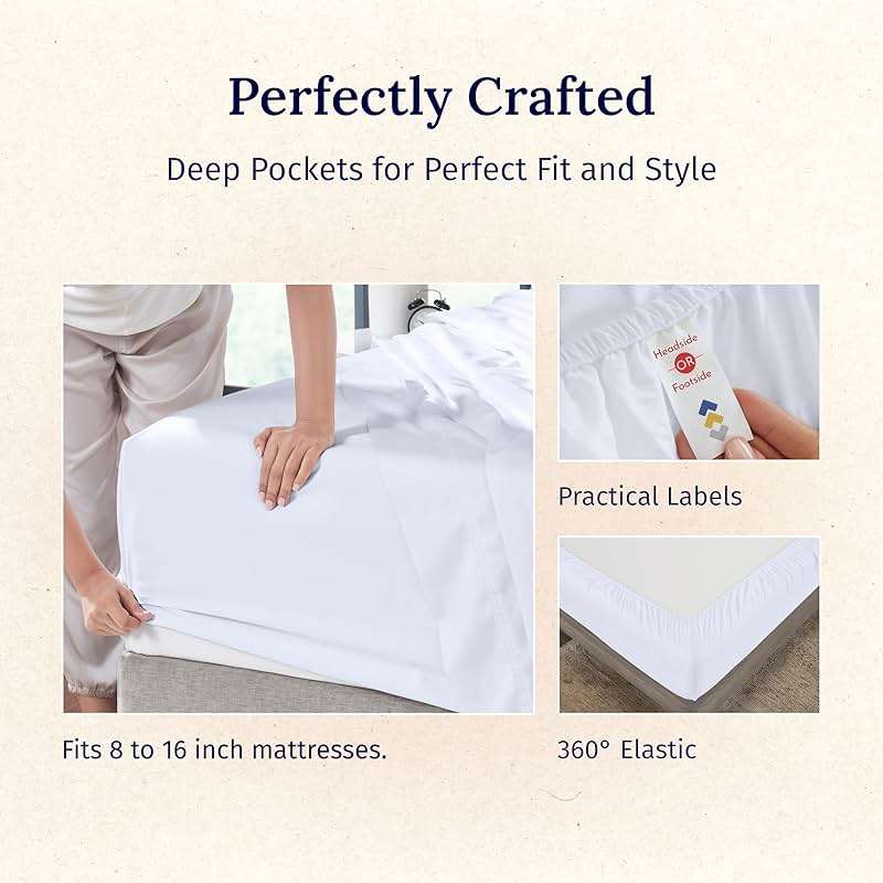 California Design Den Queen Sheet Set - Luxury 600 Thread Count Sateen, 100% Cotton Deep Pocket Queen Sheets with All Around Elastic, Snug Fit, Durable Bedding Set - White - Image 4