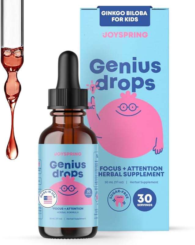 JoySpring Genius Drops for Kids | Clinically Proven Focus Supplement | Liquid Herbal Focus Supplement with Ginkgo Biloba for Kids (1 fl oz) 30 Servings - Image 1