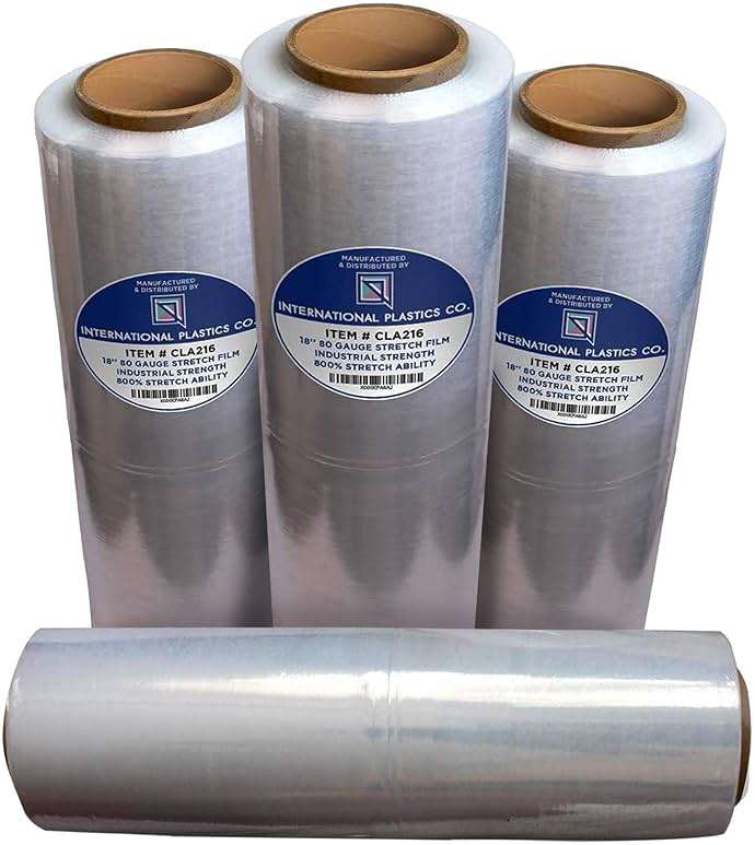 International Plastics Co. 18" Stretch Film/Wrap 1500 feet 7 Layers 80 Gauge Industrial Strength up to 800% Stretch 20 Microns Clear Durable Adhering Packing Moving Heavy Duty Shrink Film Box of 4 - Image 1