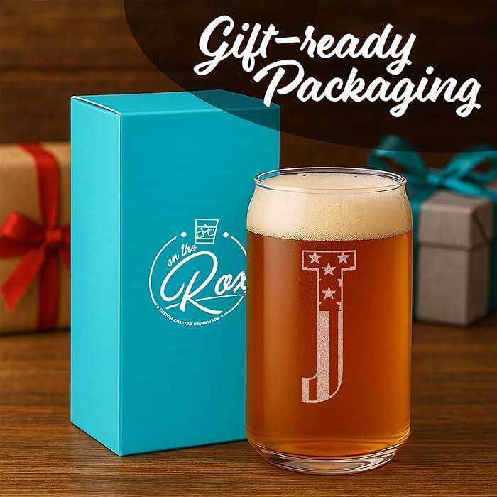On The Rox Monogram Beer Glasses for Men (A-Z) 16 oz - Personalized Engraved Beer Gifts for Him - Groomsmen Gifts Brother in Law Dad Son Coworker - Unique USA Made Dishwasher Safe Pint Glass (J) - Image 4